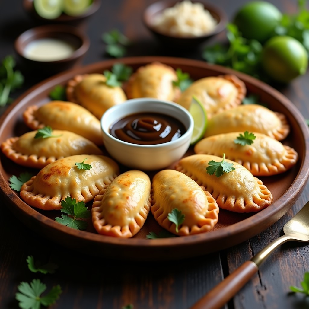 Empanadas doradas y crujientes de yuca rellenas de hongos shiitake, servidas en un plato de madera rústico con una crema espesa de ajo negro en un pequeño bol de cerámica. Acompañadas de cilantro fresco y rodajas de limón, resaltando la receta colombiana en airfryer.