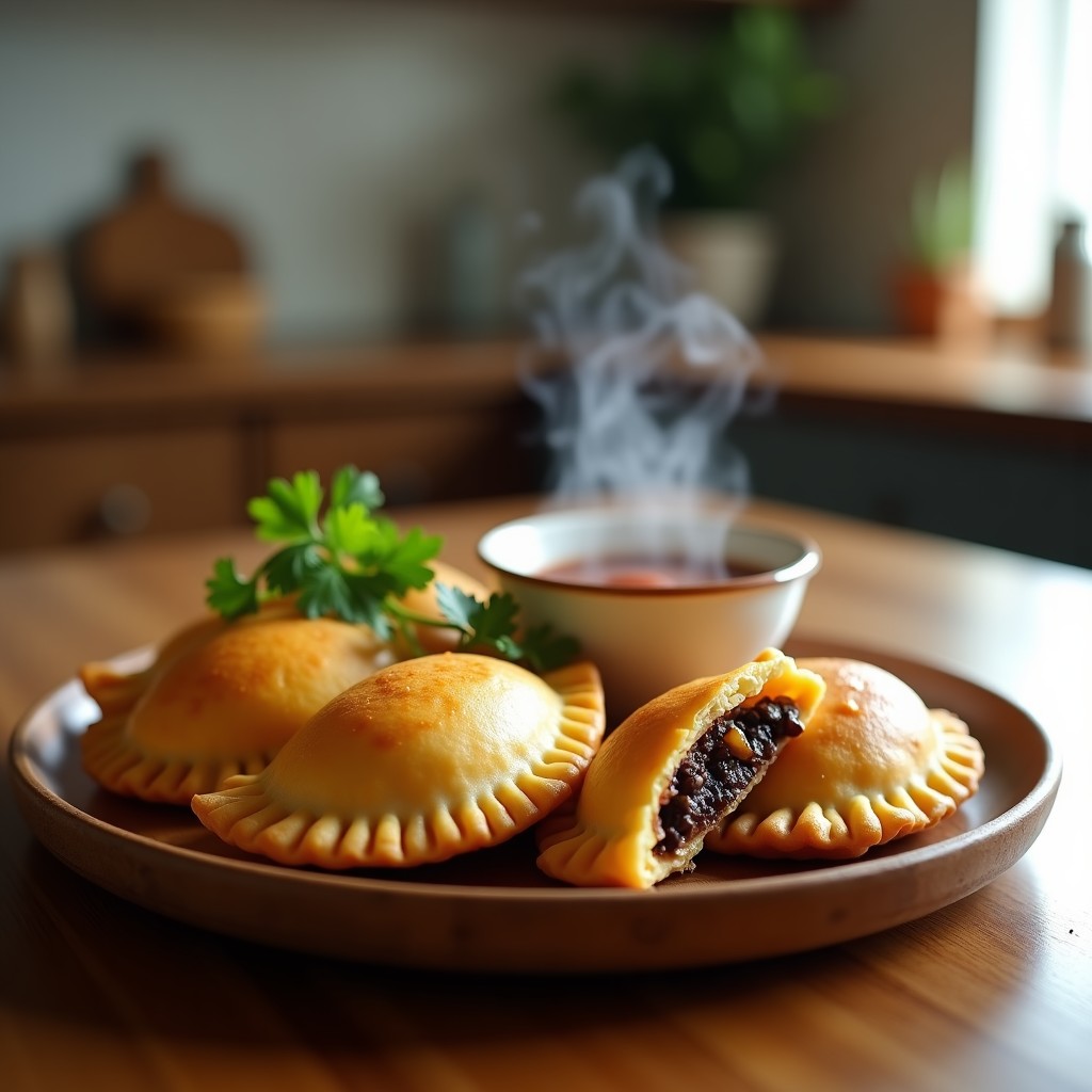 Empanadas doradas y crujientes de masa de yuca rellenas de hongos shitake y maksan, servidas en un plato de madera con hojas de cilantro fresco. Receta colombiana-vietnamita en airfryer.