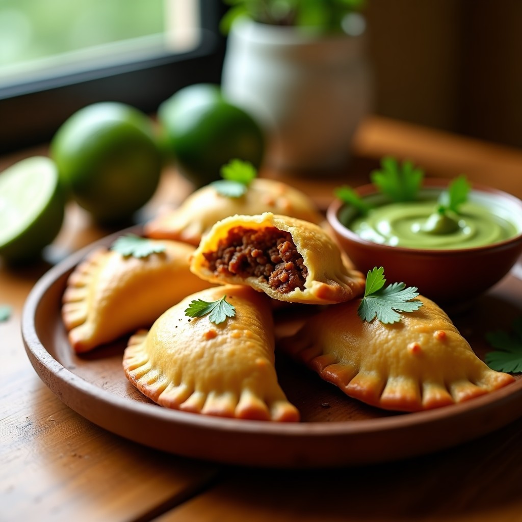Empanadas doradas y crujientes de masa de yuca rellenas de jackfruit en adobo, servidas en un plato de madera con hojas de cilantro y rodajas de limón, receta vegana caribeña en airfryer.