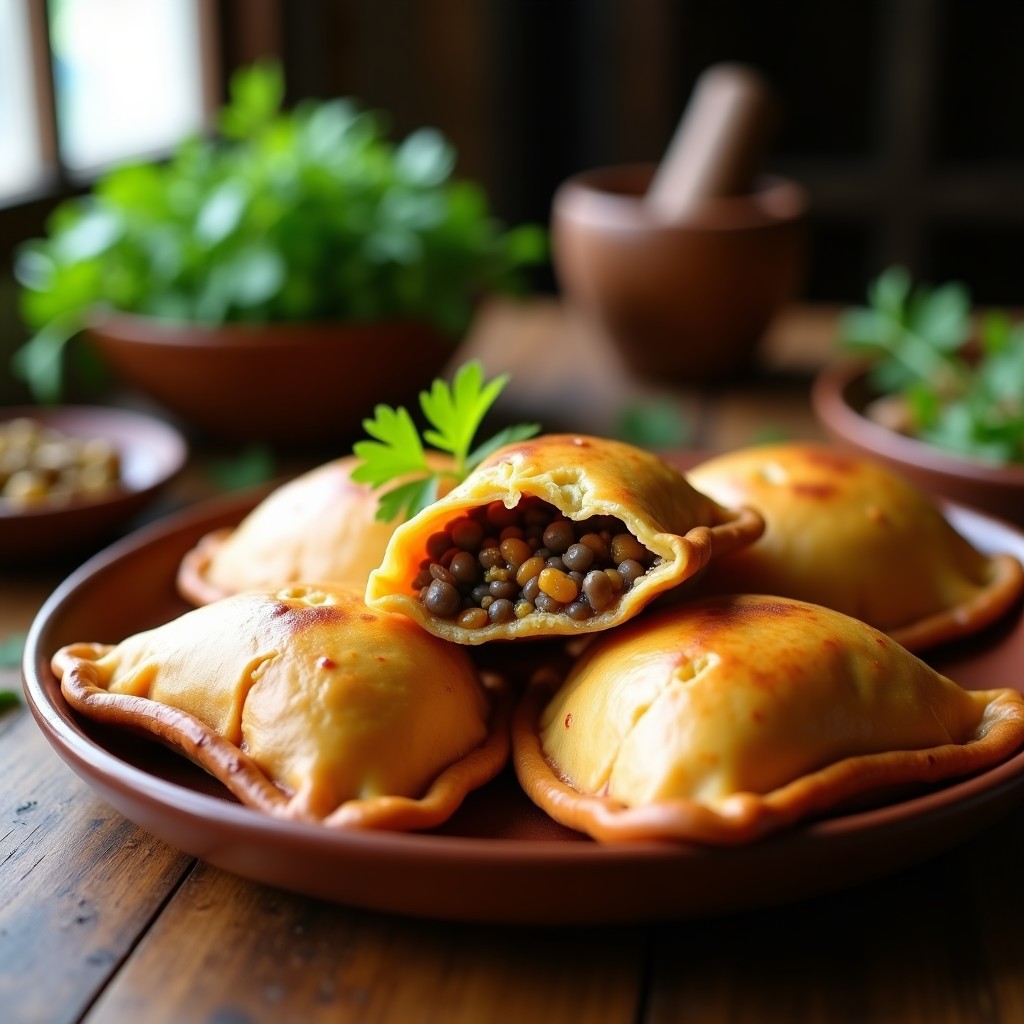 Empanadas doradas de masa de yuca rellenas de picadillo de lentejas y pasas, servidas en un plato de barro con hojas de cilantro fresco y una salsa picante al lado. Receta colombiana sin gluten.