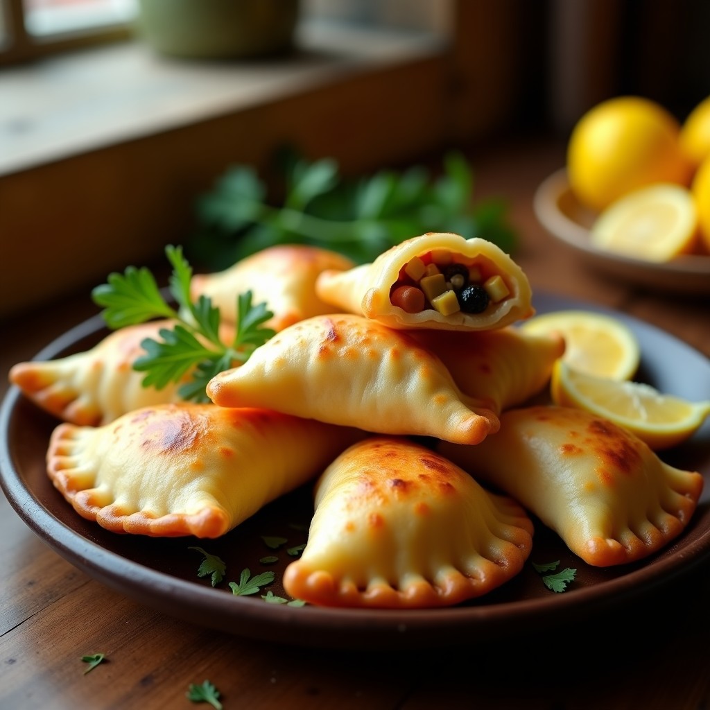 Empanadas doradas y crujientes de plastilina de yuca rellenas de palmito y aceitunas, con bordes sellados con diseño de tenedor, servidas en un plato de madera oscuro con hierbas frescas y rodajas de limón al lado. Receta vegana en airfryer.