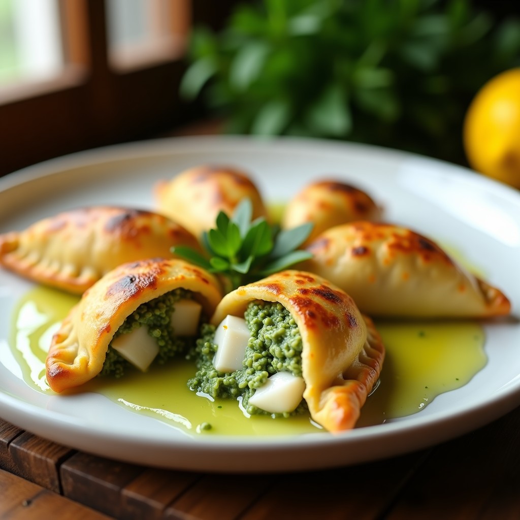 Empanadas doradas de yuca rellenas de pescado blanco y salsa verde, servidas en un plato de cerámica blanca con limón y perejil fresco, receta sin gluten en Thermomix.