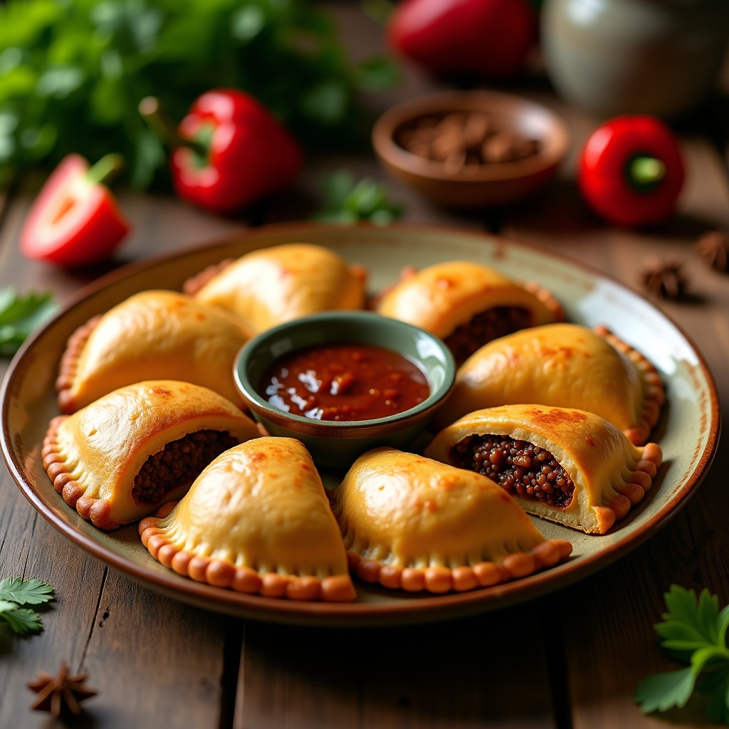 Empanadas de yuca doradas y crujientes, rellenas de picadillo de soja, servidas en un plato de barro con salsa de ají al lado. Receta colombiana vegana en olla exprés.