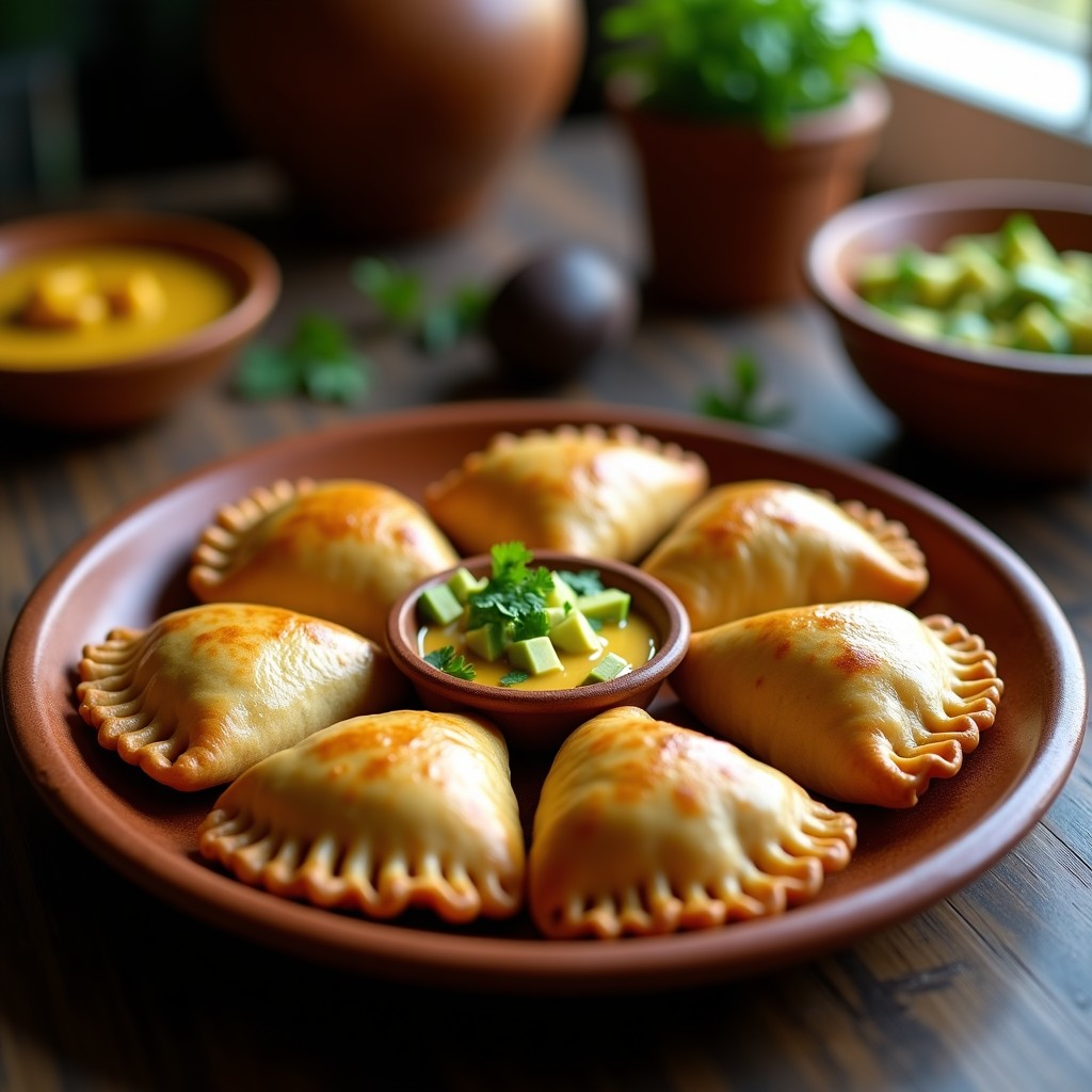 Empanadas de yuca y pollo estilo colombiano recién hechas, doradas y humeantes, con la masa de yuca ligeramente crujiente y el relleno jugoso asomando por los bordes. Servidas en un plato de barro con fondo de madera rústica.