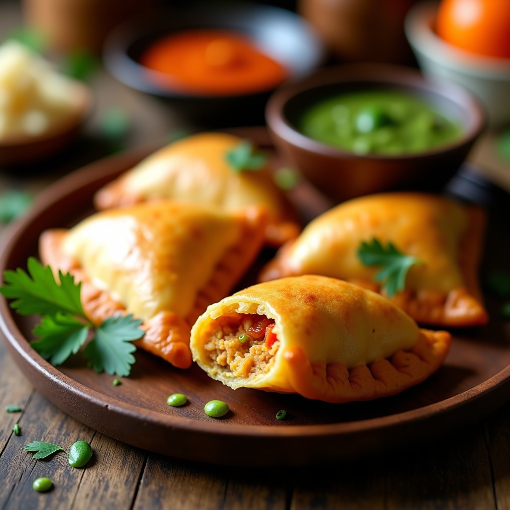 Empanadas doradas y crujientes de masa de yuca rellenas de pollo al curry rojo con toque picante, servidas en un plato de madera oscuro con hojas de cilantro fresco y una salsa verde al lado. Receta argentina en airfryer.