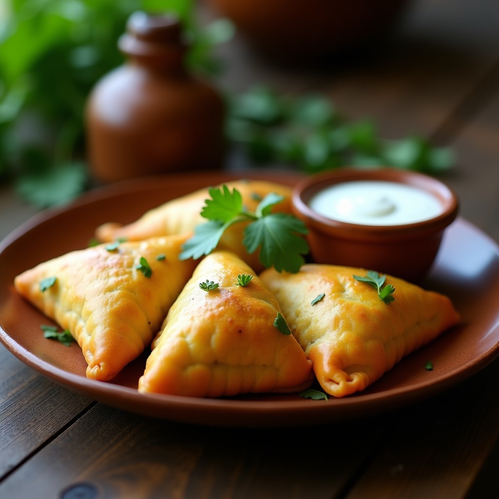 Empanadas doradas y crujientes de yuca rellenas de pull jack de poroto, servidas en un plato rústico de cerámica con hojas de cilantro fresco y una salsa cremosa al lado. Receta colombiana sin gluten en Thermomix.