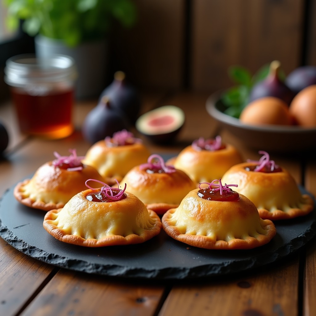 Empanadas doradas de yuca con relleno cremoso de queso de cabra, decoradas con mermelada de higos brillante, servidas en una bandeja de madera rústica con romero fresco.