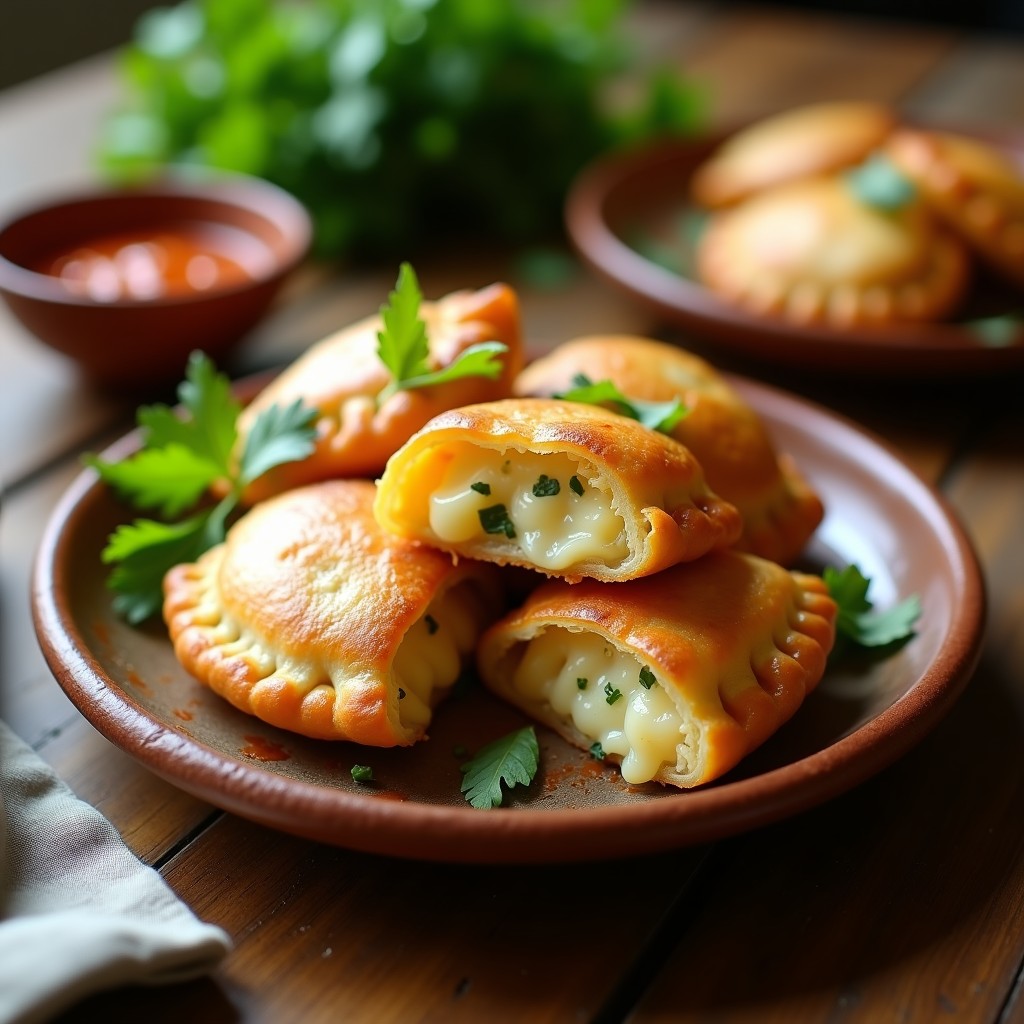 Empanadas de yuca y queso fresco doradas y crujientes, apiladas en un plato rústico de barro con hojas de cilantro fresco. Receta colombiana sin harina preparada en airfryer, mostrando su interior cremoso y textura perfecta.
