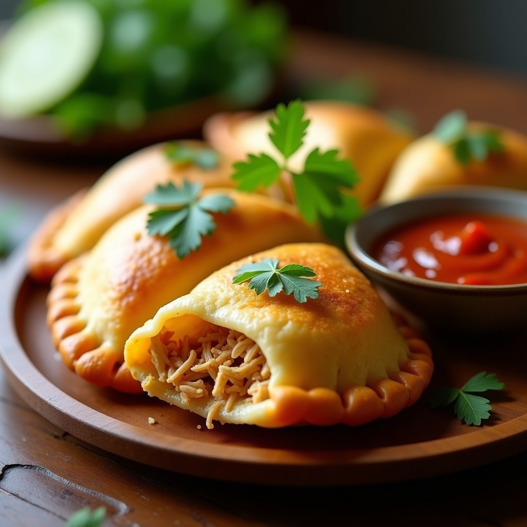Empanadas doradas de yuca rellenas de pollo desmenuzado sobre papel de horno, con bordes crujientes y un relleno jugoso visible al cortar. Acompañadas de hojas de cilantro fresco y rodajas de limón, sobre una mesa de madera rústica.