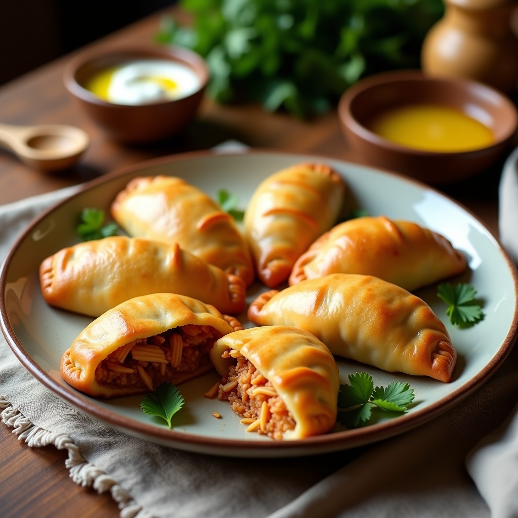 Empanadas doradas y crujientes de masa de yuca rellenas de pollo al ají panca, servidas en un plato de barro con hojas de culantro y salsa de yogur al lado. Receta peruana en airfryer.
