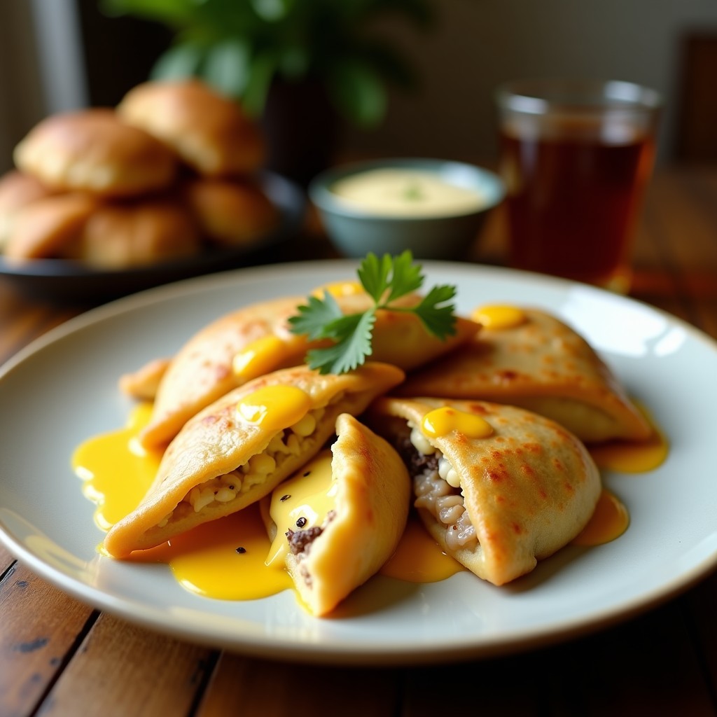 Empanadas doradas de masa de yuca con relleno visible de carne de soja y queso vegano derretido, servidas en un plato de madera con hierbas frescas y salsa al lado. Receta sin gluten y vegana.