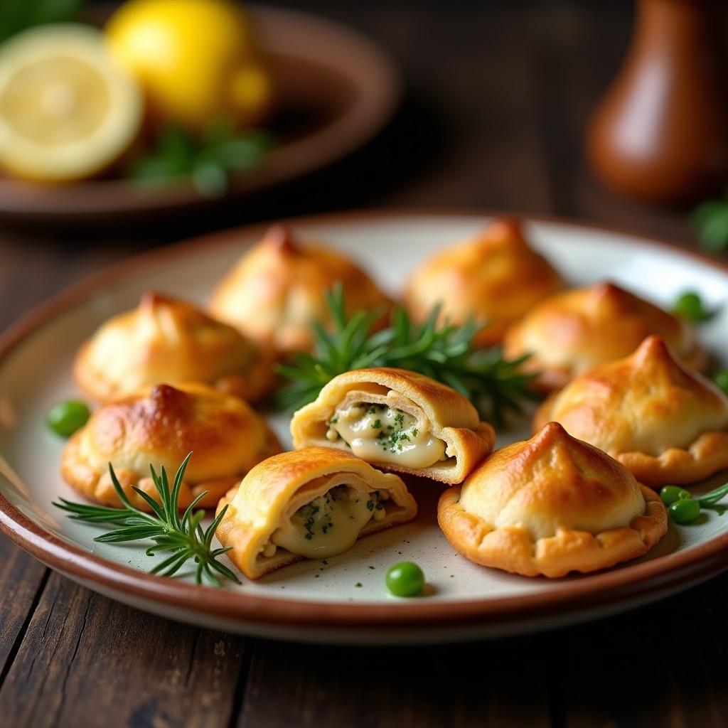Empanadillas doradas y crujientes rellenas de alcachofa y queso de anacardos, aperitivo español vegano y sin lactosa, servidas en una fuente de barro con hierbas frescas.