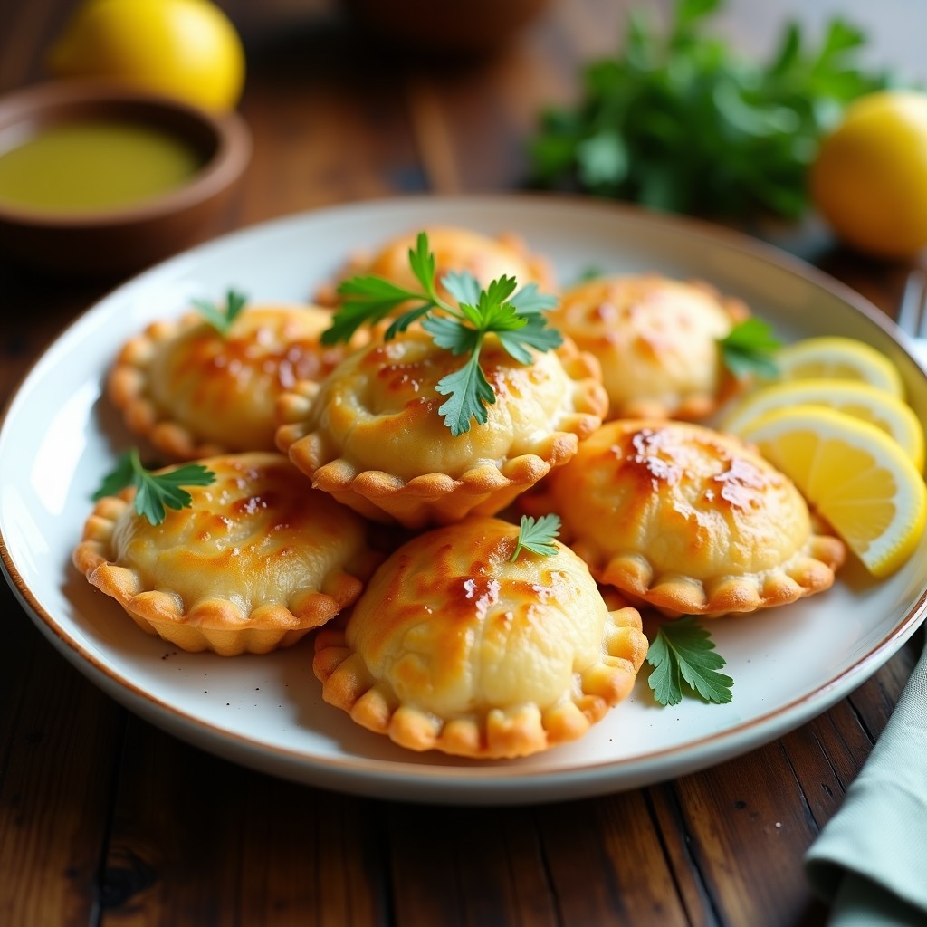 Empanadillas doradas y crujientes de algas kombu y gambas servidas en una fuente de cerámica blanca, con un toque marino y decoradas con rodajas de limón y perejil fresco.