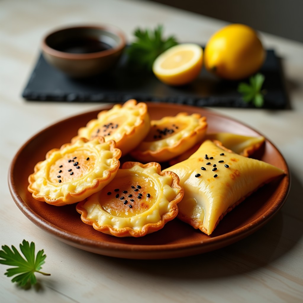 Empanadillas doradas y crujientes de algas wakame y tofu en airfryer, servidas en un plato de madera con salsa de soja y limón yuzu, espolvoreadas con semillas de sésamo negro.