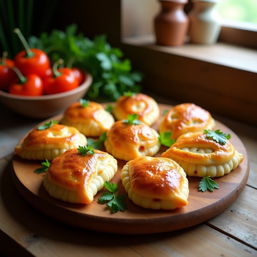 Empanadillas doradas y crujientes de bacalao desalado y pimientos asados, dispuestas en una fuente de madera con perejil fresco espolvoreado, receta española sin gluten hecha en airfryer.