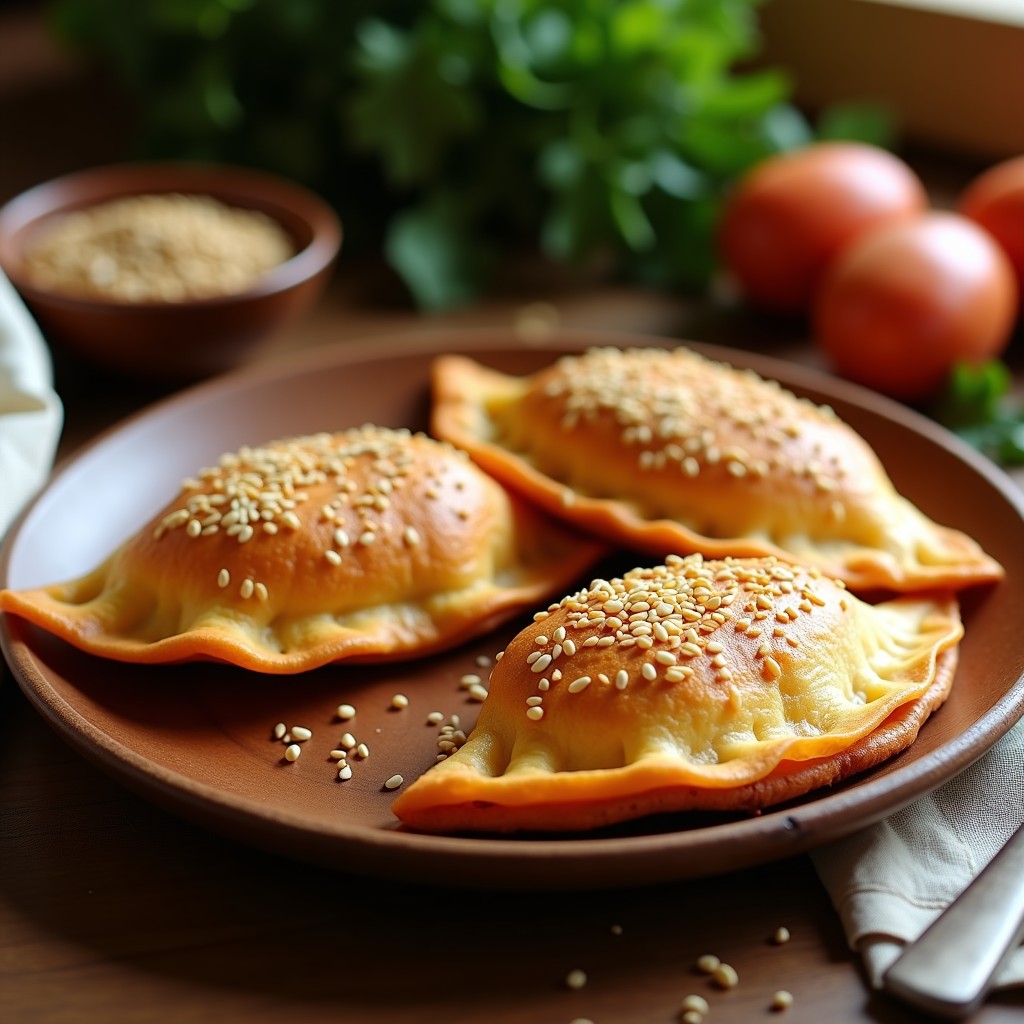 Empanadillas doradas en forma de media luna con crujiente de semillas de sésamo y amapola, rellenas de batata y chorizo vegano, servidas en una tabla de madera rústica con una salsa cremosa al lado. Receta española en Airfryer.