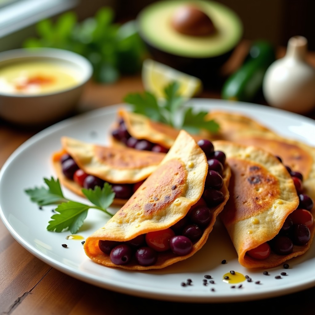 Empanadillas de batata morada y black bean veganas sin gluten, doradas y crujientes, servidas en un plato de cerámica blanca con hojas de cilantro fresco y una salsa cremosa de aguacate al lado.