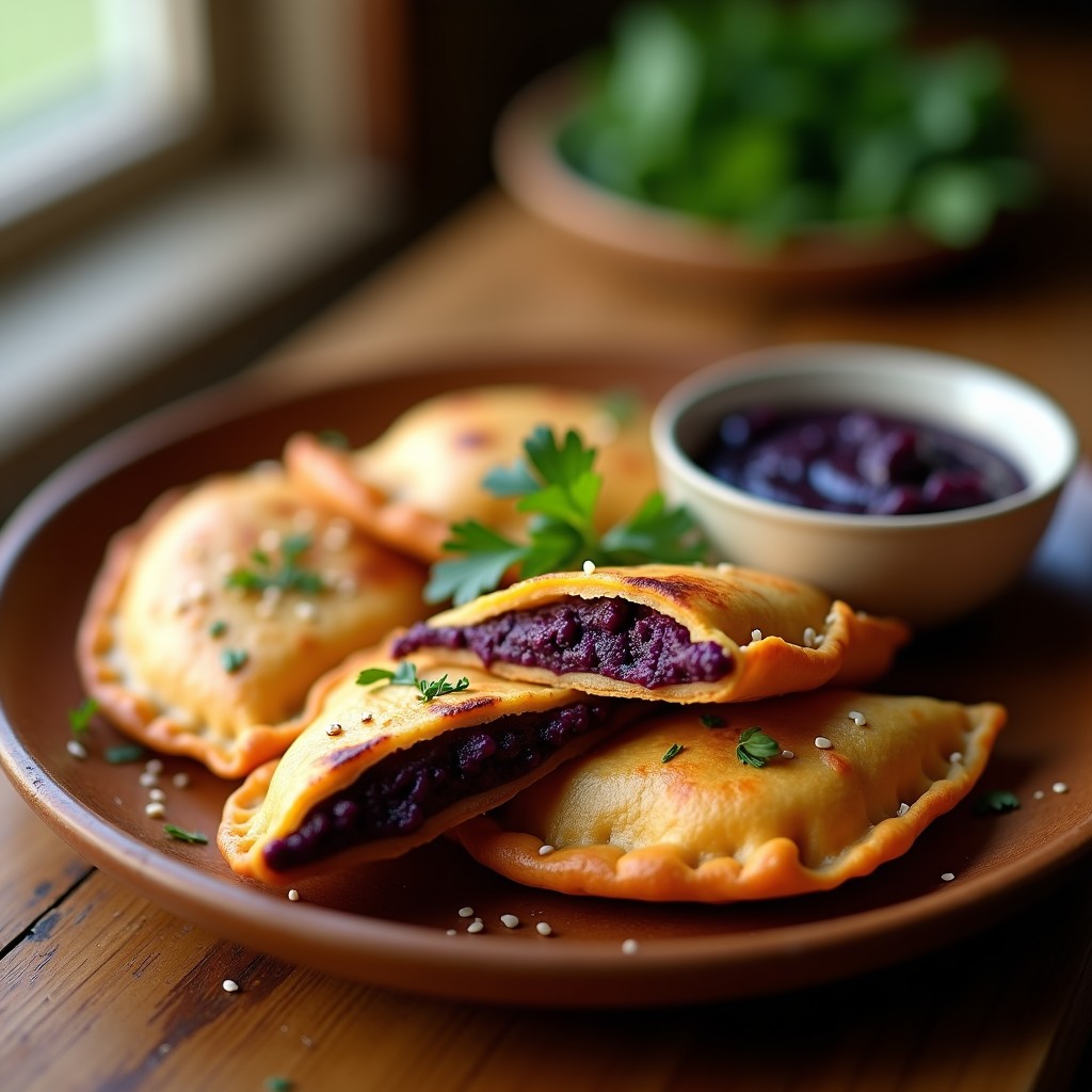Empanadillas doradas y crujientes rellenas de batata morada vibrante y hummus de garbanzos negros, decoradas con semillas de sésamo sobre un plato de madera rústico. Aperitivo vegano sin gluten con textura cremosa por dentro.