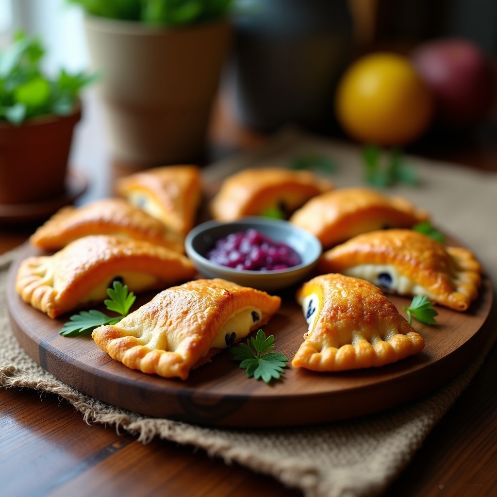 Empanadillas doradas en forma de media luna con costra crujiente de semillas de girasol, rellenas de batata morada y queso azul, servidas en una bandeja de madera con hojas de perejil como decoración. Receta de empanadillas de batata morada y queso azul con semillas de girasol en airfryer.