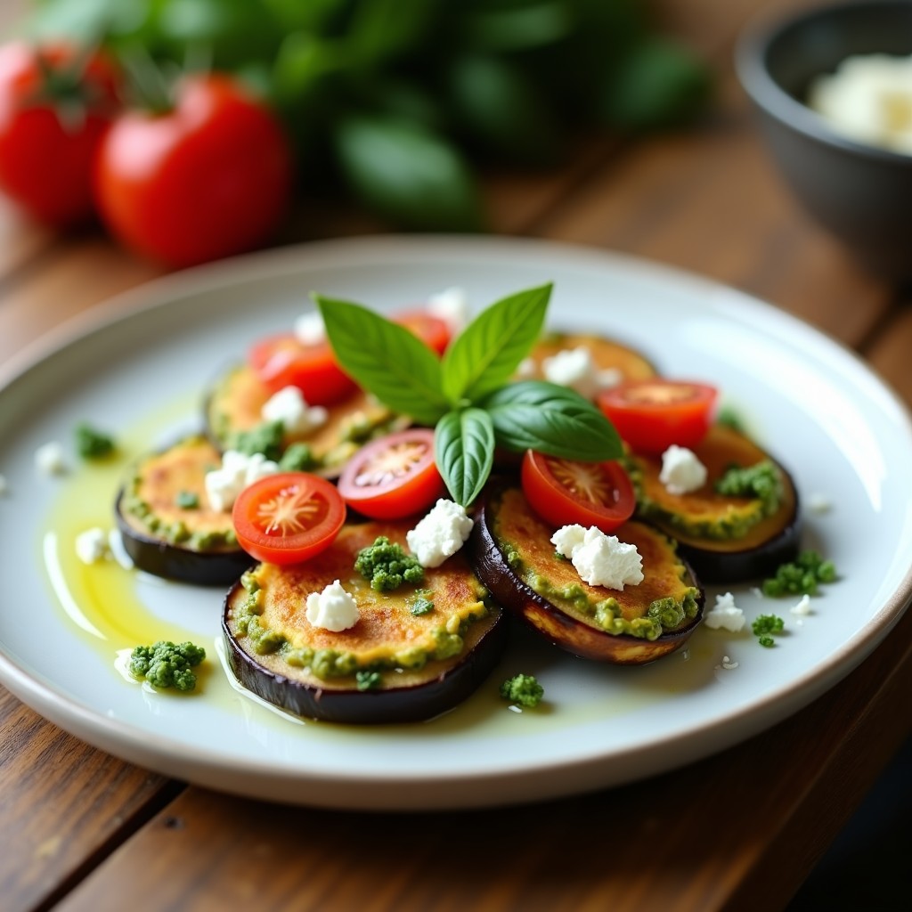 Empanadillas de berenjena asada rellenas de pesto de albahaca, queso de cabra y tomate cherry, doradas y crujientes, servidas en un plato blanco con hierbas frescas y un hilo de aceite de oliva. Receta keto en airfryer sin masa.