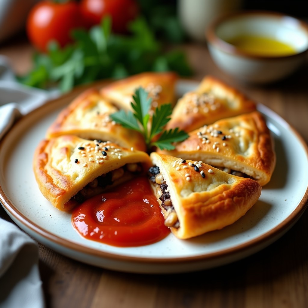 Empanadillas griegas doradas y crujientes en forma de media luna, rellenas de berenjena asada y queso feta, servidas en un plato rústico con salsa de tomate casera espesa y semillas de sésamo tostadas por encima.