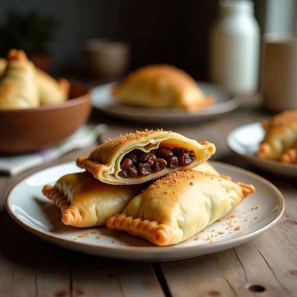 Empanadillas doradas y crujientes de berza y pasas con manteca de coco, dispuestas en una bandeja de madera rústica con hojas de berza fresca de fondo. Receta española vegana y sin gluten.