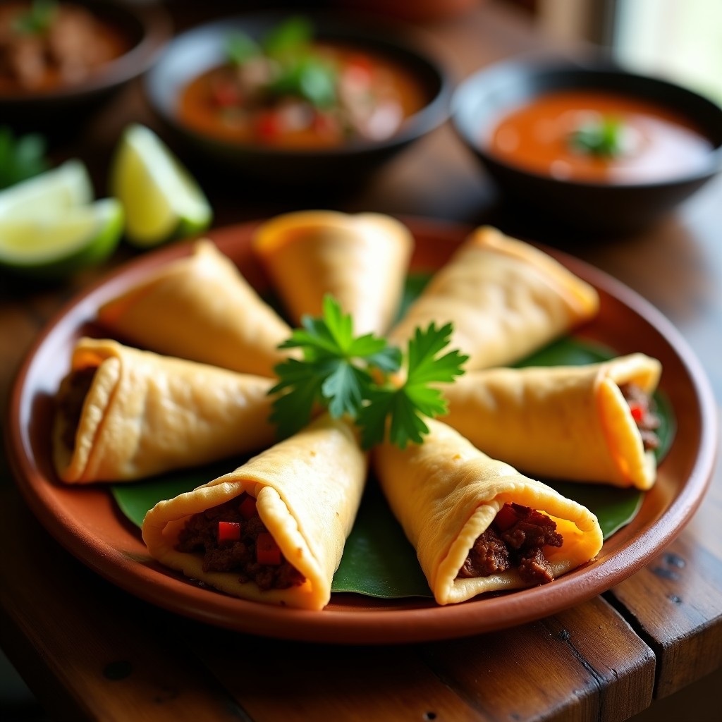 Empanadillas dominicanas de bohío con masa dorada de yuca rellenas de carne de res desmenuzada, servidas en un plato de barro con hojas de cilantro y rodajas de limón, receta tradicional en olla express.