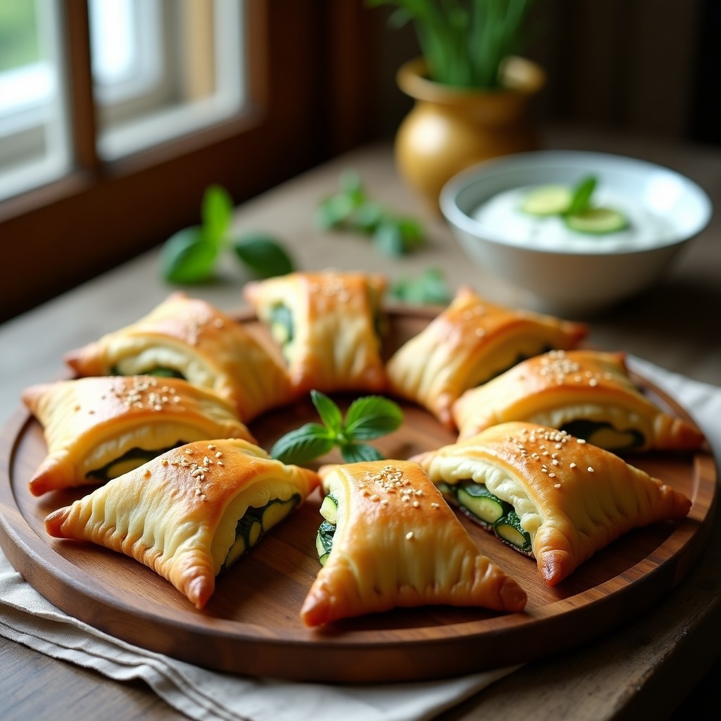 Empanadillas griegas de calabacín y queso de cabra con envoltura de masa filo dorada y crujiente, espolvoreadas con semillas de sésamo, servidas en una bandeja de madera rústica con hierbas frescas de fondo.