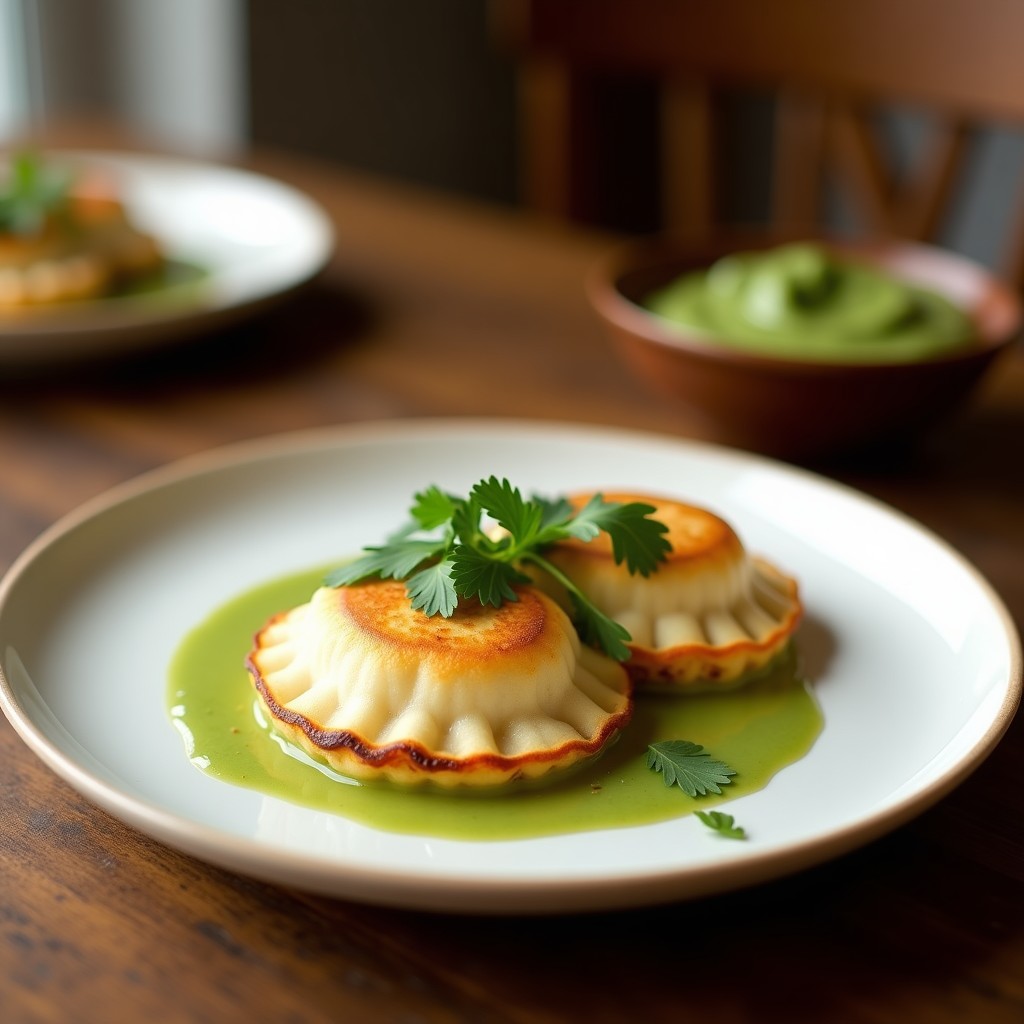 Empanadillas doradas y crujientes rellenas de cangrejo y leche de coco, servidas en un plato de cerámica blanca con salsa verde de cilantro al lado. Receta tailandesa en airfryer.