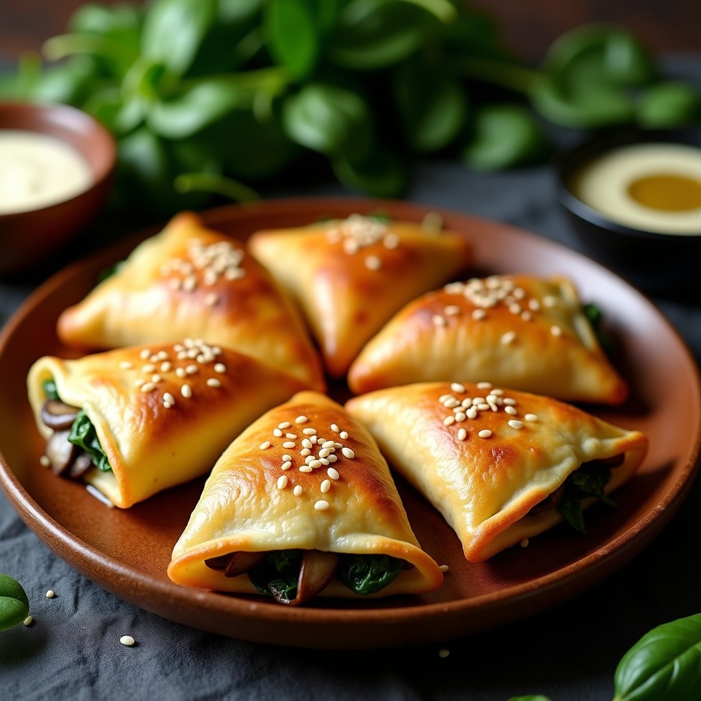 Empanadillas doradas y crujientes de champiñones portobello y espinacas con masa de coliflor, servidas en un plato de madera rústico con semillas de sésamo visibles y un toque de aceite de oliva brillante. Receta keto y sin harina.