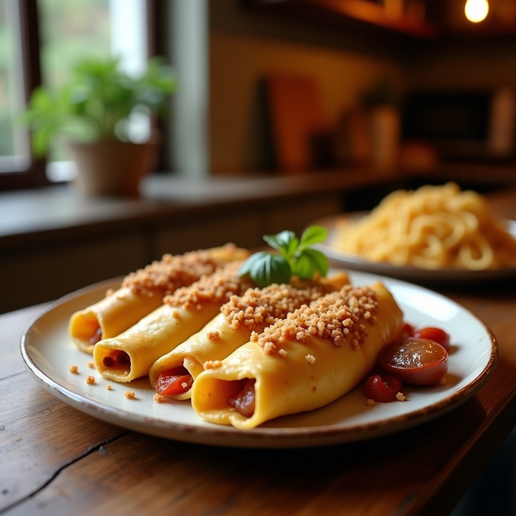 Empanadillas de cordero y ciruelas pasas en hoja de brick doradas y crujientes, dispuestas en un plato de barro con especias marroquíes al fondo.