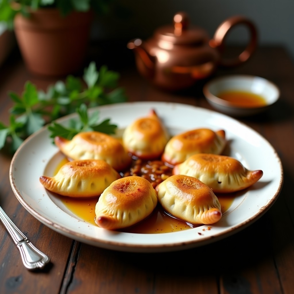 Empanadillas doradas y crujientes rellenas de cordero al curry y higos, dispuestas en bandeja rústica de madera con hojas de menta fresca y granos de granada alrededor, receta marroquí en olla lenta.