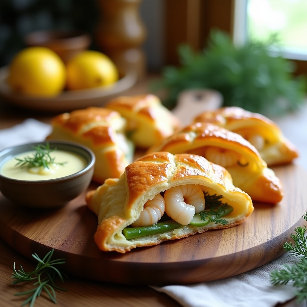 Empanadillas doradas de hojaldre rellenas de espárragos blancos y gambas, servidas en una bandeja de madera con salsa cremosa de limón y eneldo, recurso griego en Thermomix.