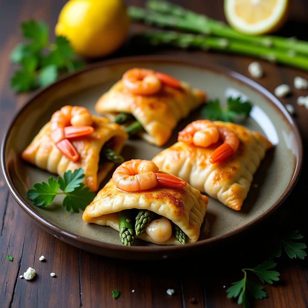 Bandeja de horno con empanadillas doradas de espárragos trigueros y gambas, masa integral crujiente, espolvoreadas con semillas de sésamo, sobre fondo rústico de madera.