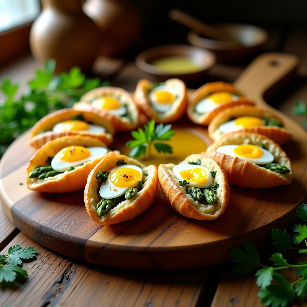 Empanadillas doradas y crujientes rellenas de espárragos trigueros y huevos de codorniz en cuartos, con semillas de sésamo negro, servidas en una bandeja de madera rústica con hierbas frescas.