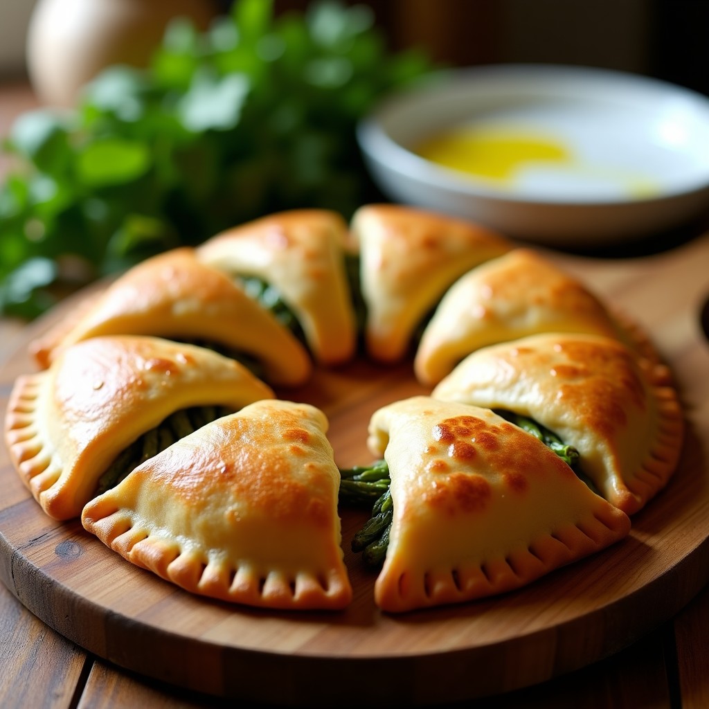Empanadillas doradas y crujientes de espárragos pigargo y queso de cabra, dispuestas en una bandeja de madera rústica con puntas de espárrago como decoración, receta española en Thermomix.