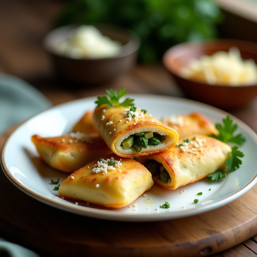 Empanadillas doradas y crujientes de espárragos trigueros y queso de oveja rallado, horneadas en airfryer sin masa tradicional, servidas en un plato blanco con perejil fresco espolvoreado.