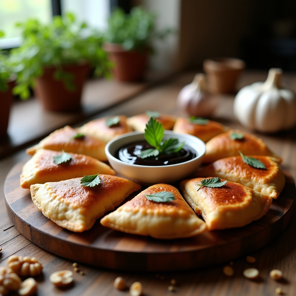 Empanadillas doradas y crujientes de espelta integral rellenas de champiñones portobello y nueces, servidas en una tabla de madera rústica con un bol pequeño de salsa de ajo negro cremosa. Aperitivo español gourmet sin lactosa.