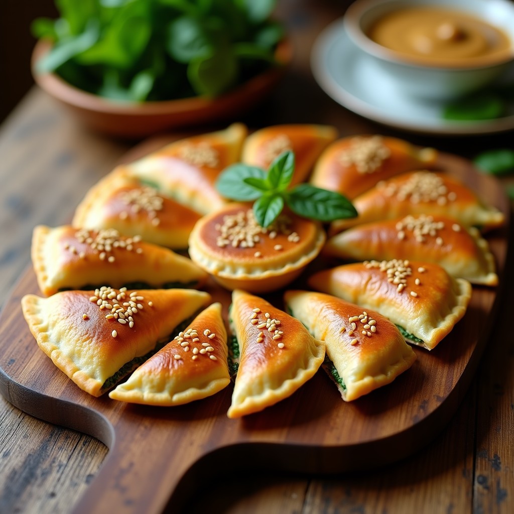 Empanadillas veganas doradas y crujientes rellenas de espinaca y garbanzos, con un toque de mantequilla de cacahuete, servidas en un plato rústico con semillas de sésamo y una salsa cremosa al lado.