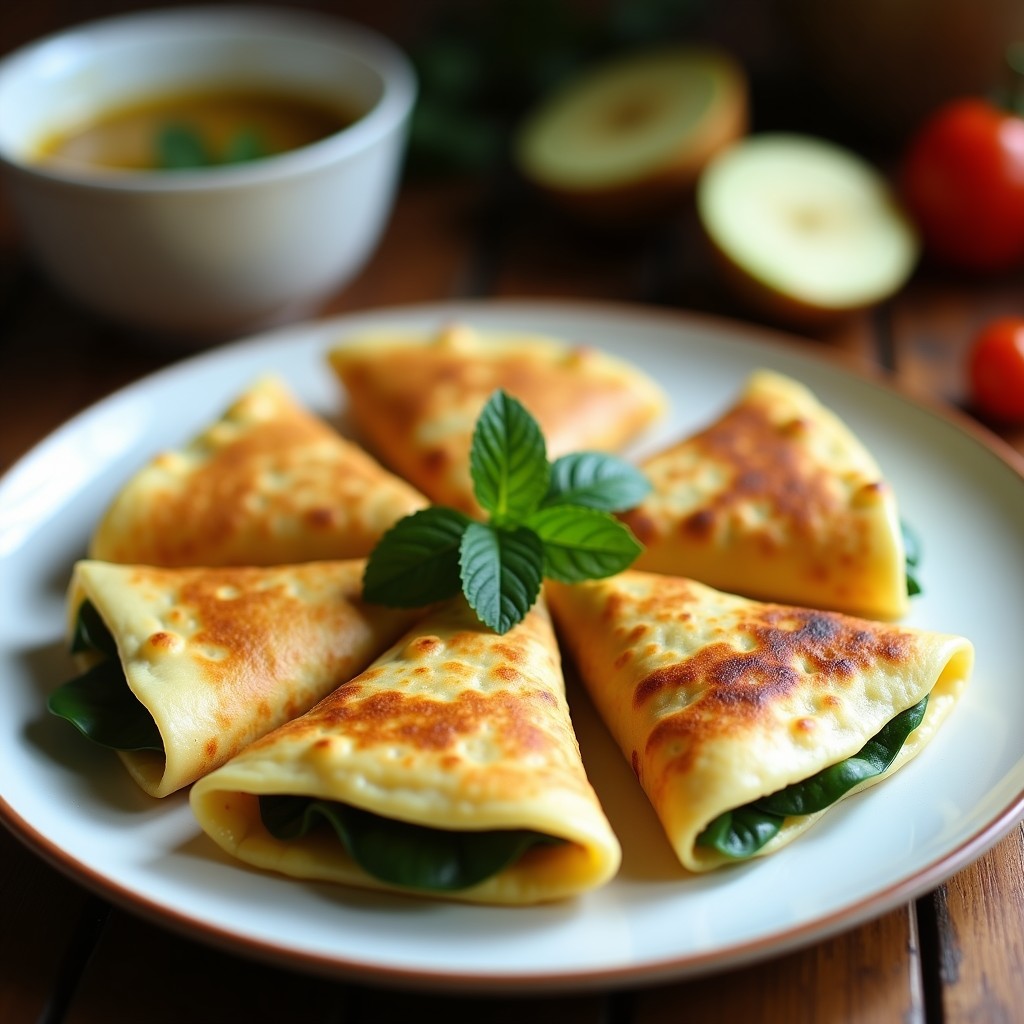 Empanadillas doradas y crujientes de espinaca y queso halloumi en airfryer, con textura exterior tostada gracias a la manteca de coco, servidas en un plato de madera rústico con hierbas frescas.
