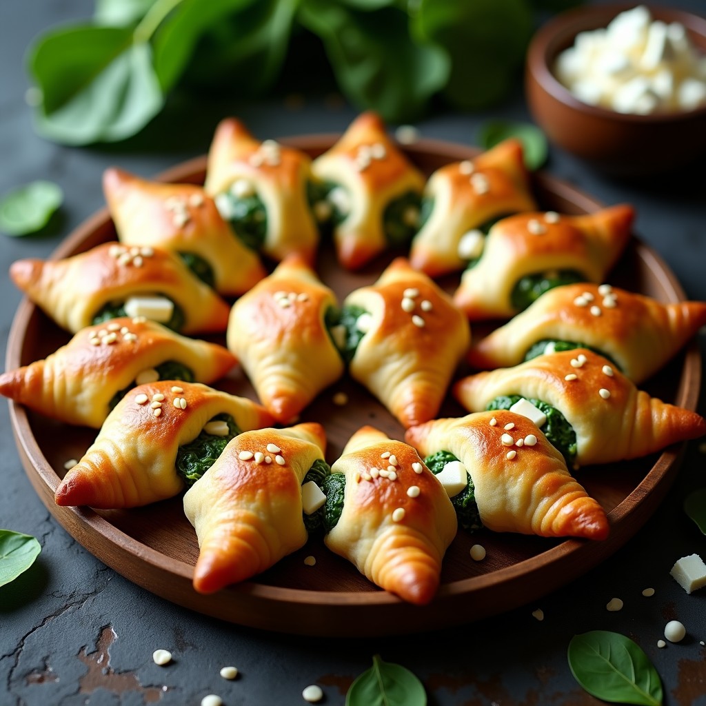 Empanadillas doradas y crujientes con relleno de espinaca y queso de cabra, masa de almendra, decoradas con semillas de sésamo negro sobre una bandeja de madera rústica. Receta keto y baja en carbohidratos.