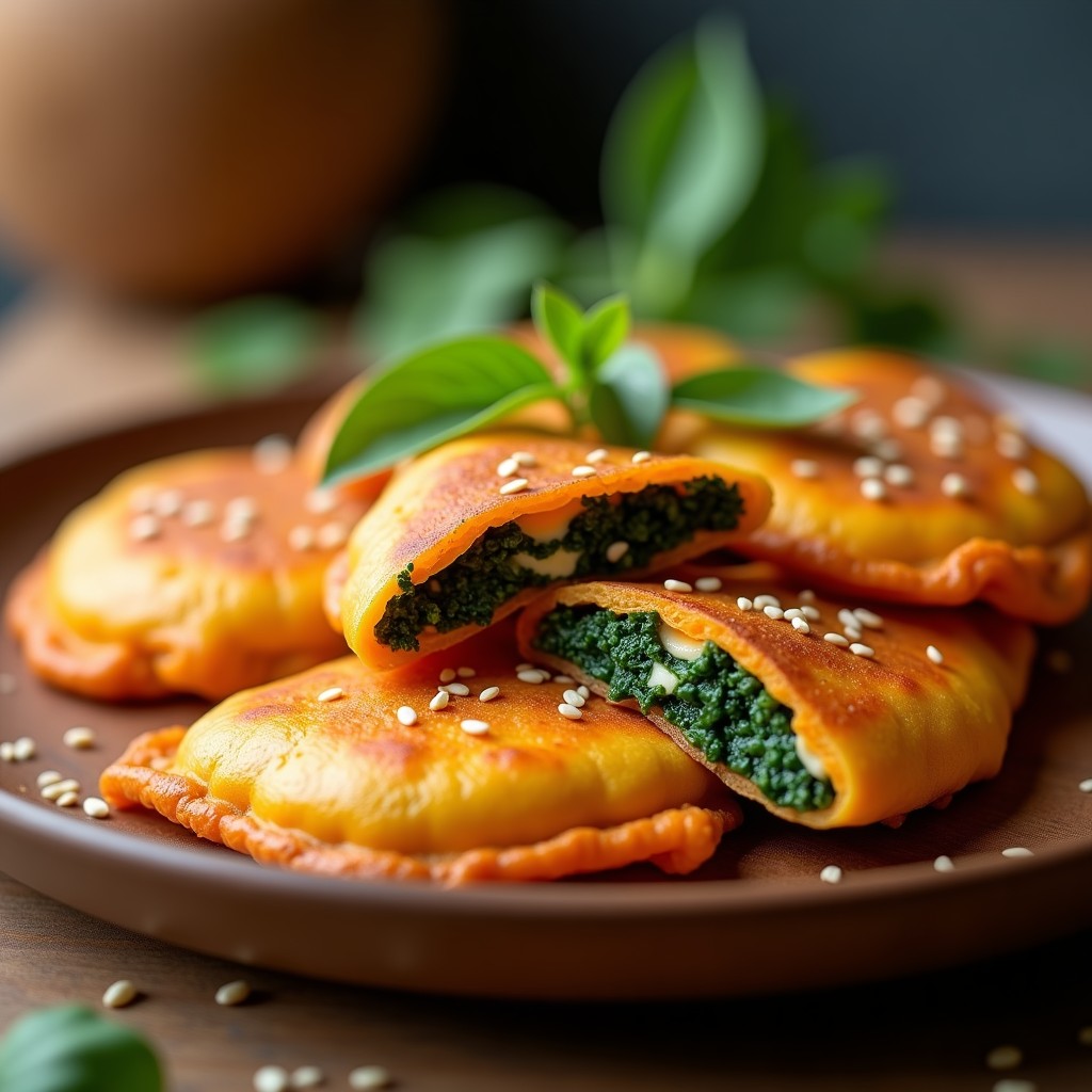 Empanadillas doradas y crujientes de espinaca y queso de anacardo con masa de batata, servidas en un plato rústico de madera con semillas de sésamo visibles. Receta sin gluten en airfryer.