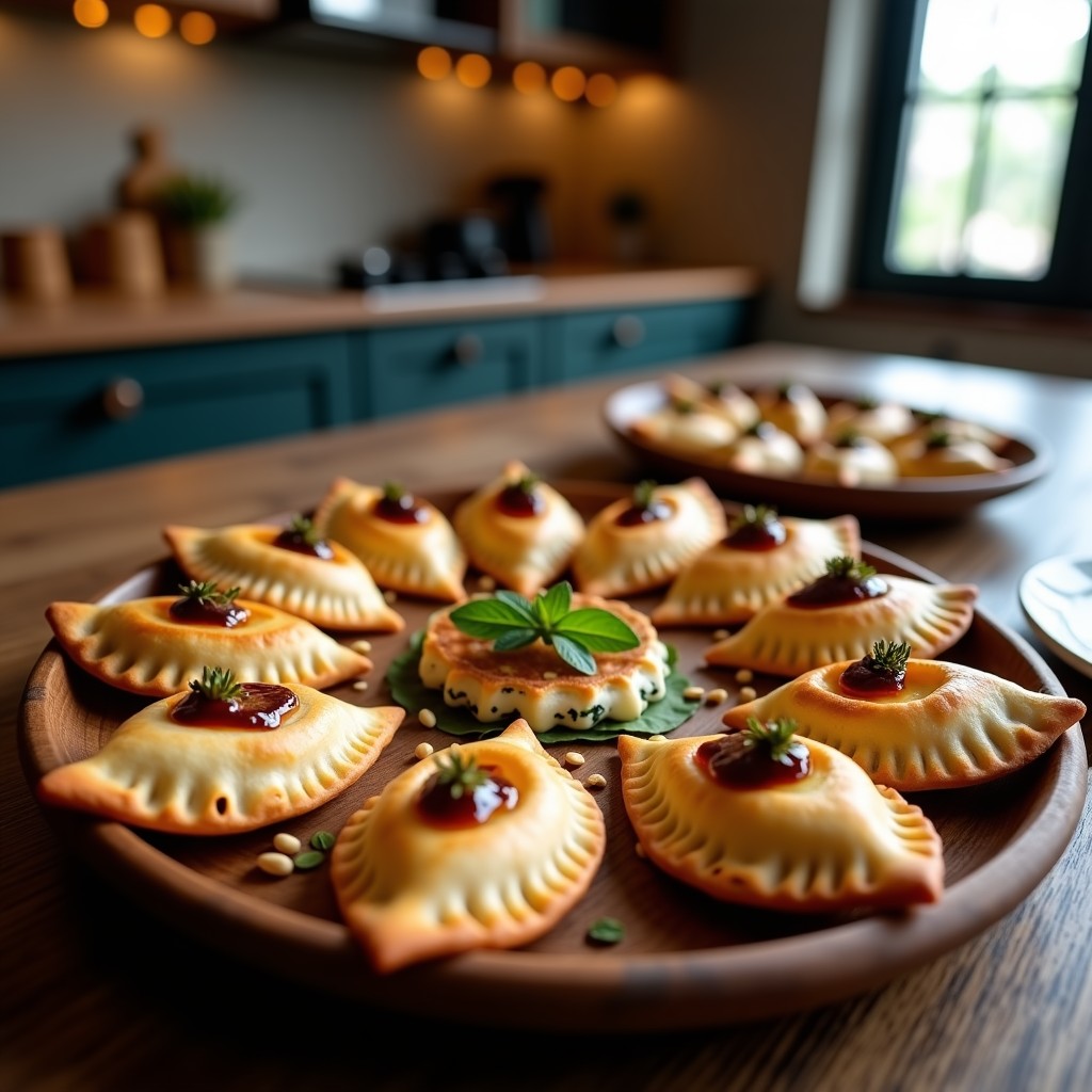 Empanadillas doradas y crujientes rellenas de espinaca y queso azul, con un hilo de mermelada de higos por encima, servidas en una fuente de madera rústica sobre un mantel de lino. Receta de aperitivo español viral en airfryer.
