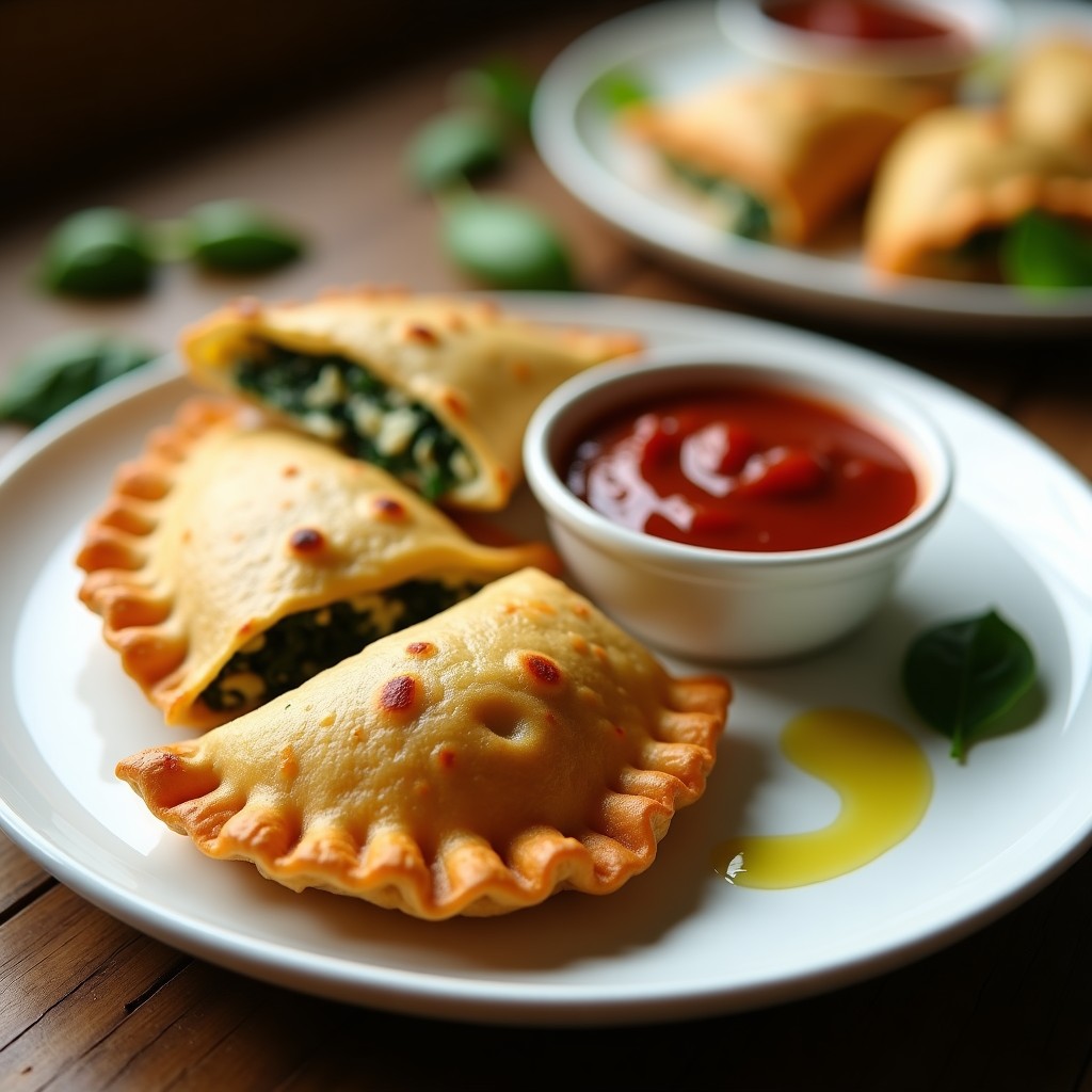 Empanadillas doradas y crujientes de espinaca y queso de buffala sobre un plato blanco, acompañadas de salsa de tomate seco en un bol pequeño. Receta en airfryer sin harina.