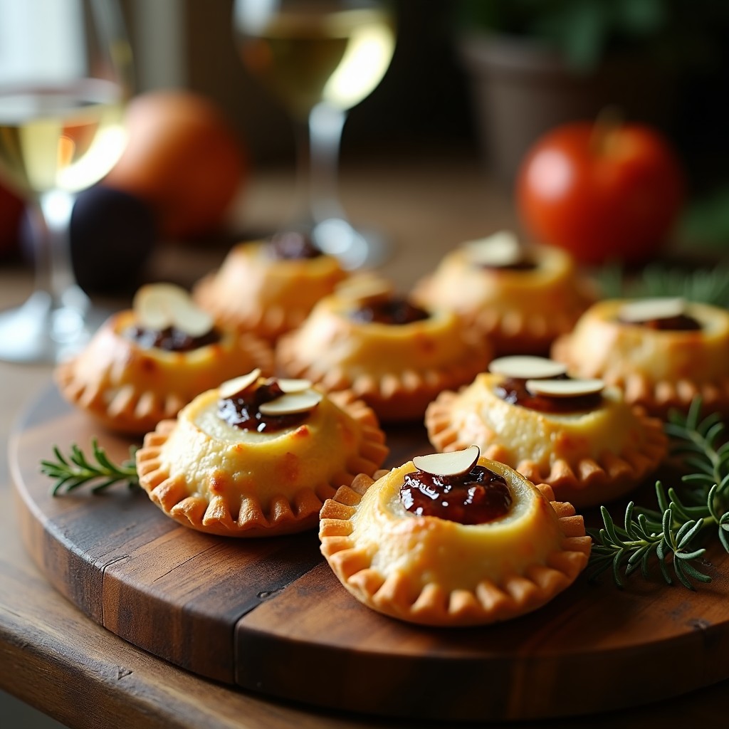 Empanadillas doradas y crujientes de masa sin gluten rellenas de espinaca y queso de cabra, con un hilo de mermelada de higo brillante en el centro. Servidas en una bandeja de madera rústica con almendras fileteadas por encima y hierbas frescas de decoración.