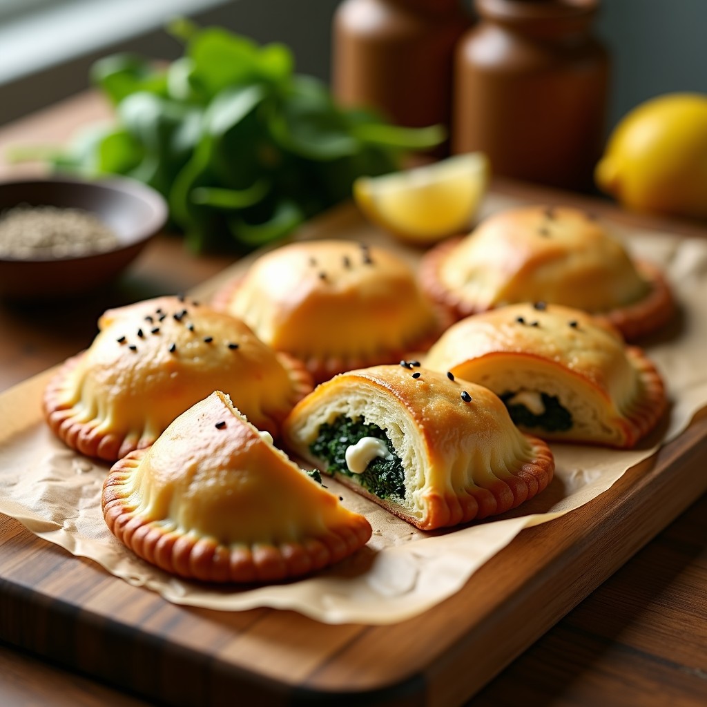 Empanadillas doradas de hojaldre integral rellenas de espinaca y queso feta, con semillas de sésamo negro, servidas en una bandeja de madera rústica sobre papel de horno. Receta griega rápida y saludable.