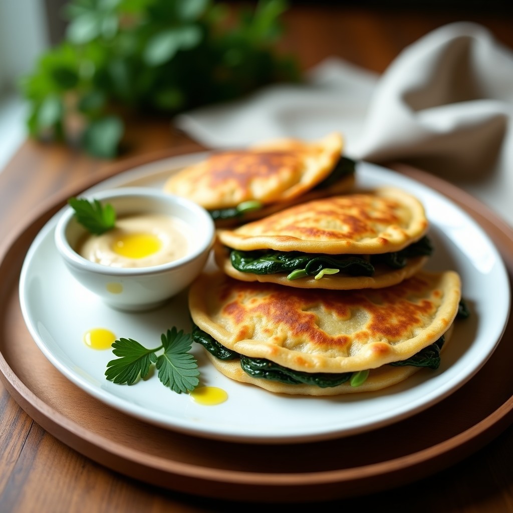 Empanadillas doradas y crujientes de espinaca y tofu en airfryer, servidas sobre un plato blanco con salsa de tahini cremosa y anacardos picados. Receta vegana sin harina.