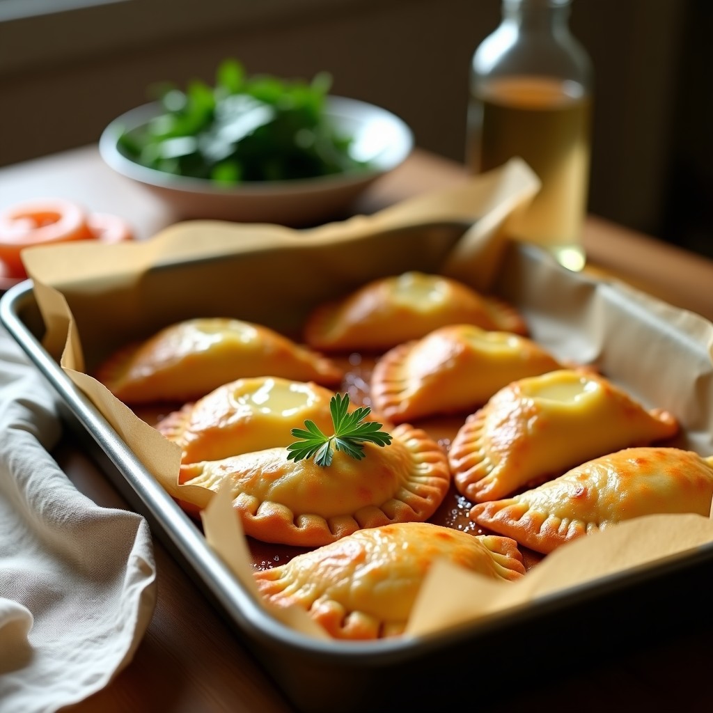 Empanadillas doradas y crujientes rellenas de espinacas y gambas, horneadas en bandeja con papel de horno, receta Thermomix sin freír.