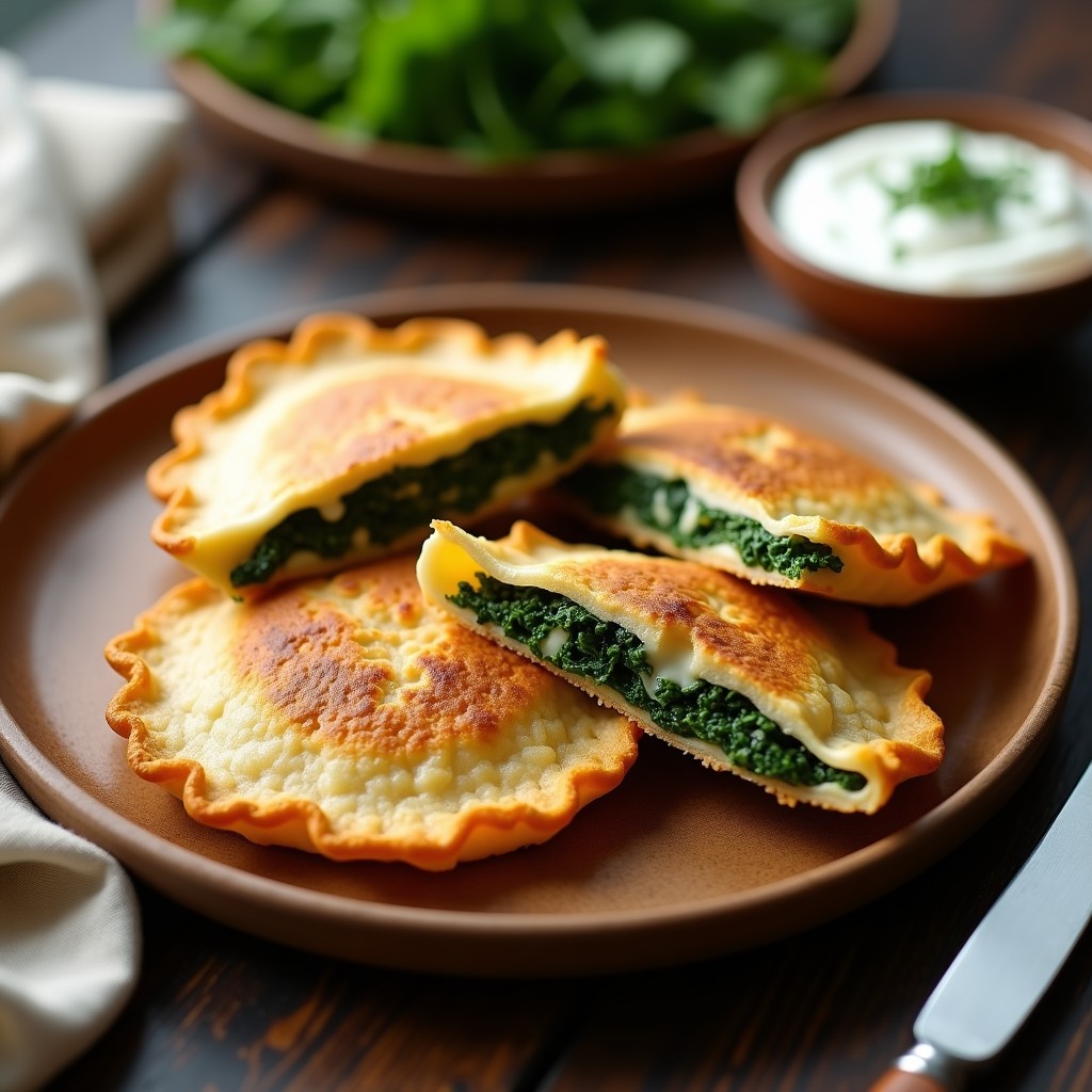 Empanadillas veganas doradas y crujientes de espinacas y queso de anacardos, horneadas en airfryer sin masa tradicional, con semillas de sésamo por encima, servidas en un plato de madera rústico con salsa de yogur vegano al lado.