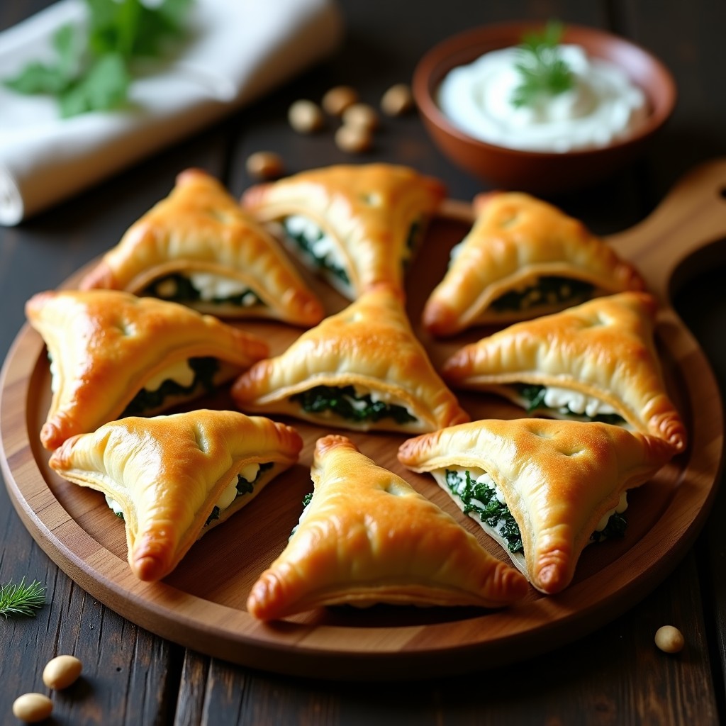 Empanadillas griegas doradas de masa filo rellenas de espinacas y queso blue, servidas en una fuente de cerámica blanca con piñones espolvoreados y hojas de espinaca fresca como decoración. Receta de empanadillas de espinacas y queso blue en olla express.